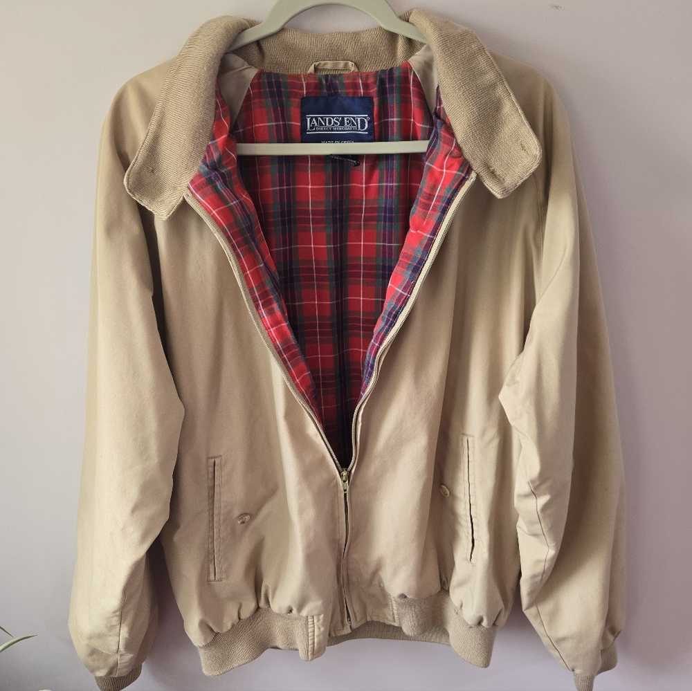 Vintage Lands' End Harrington Jacket XL Tall Tan Plaid Lined Full Zip Bomber - Picture 2 of 9